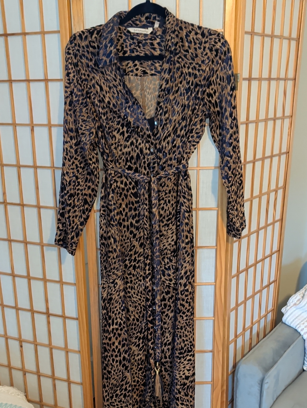 Animal Print Belted Maxi Dress - Brown/Navy Blue